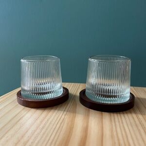 2 Wobble Glasses with Wooden Coasters - Trendy Fluted Glass Cups - W/ GIFT BOX